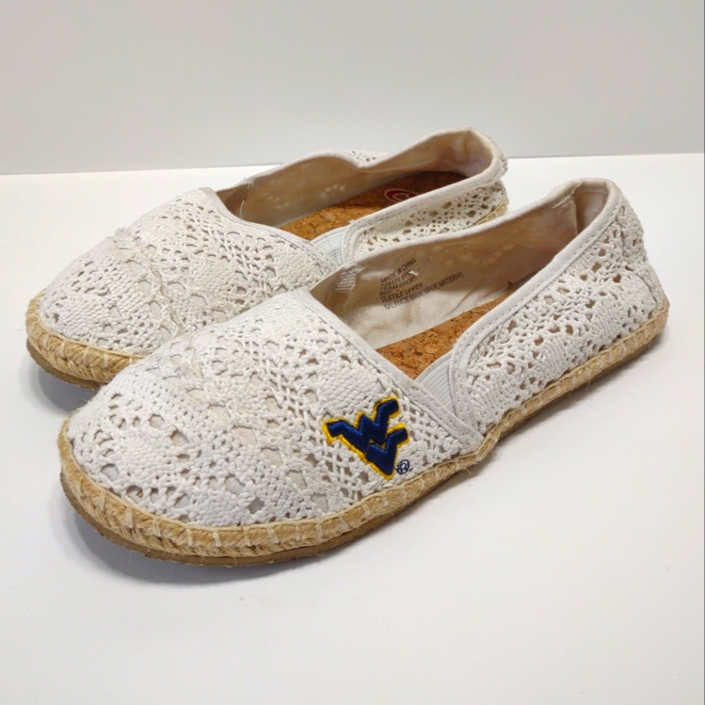 West Virginia team sport Cruzers crocheted White slip-on shoes. Women's size 8